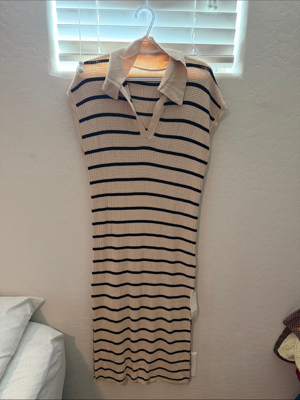 Sleeveless Collared Knit Midi Dress in Cream with Black Stripes